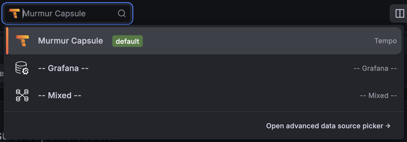 Grafana Explore data source picker with Tempo selected and marked as default, above the built-in Grafana and Mixed entries