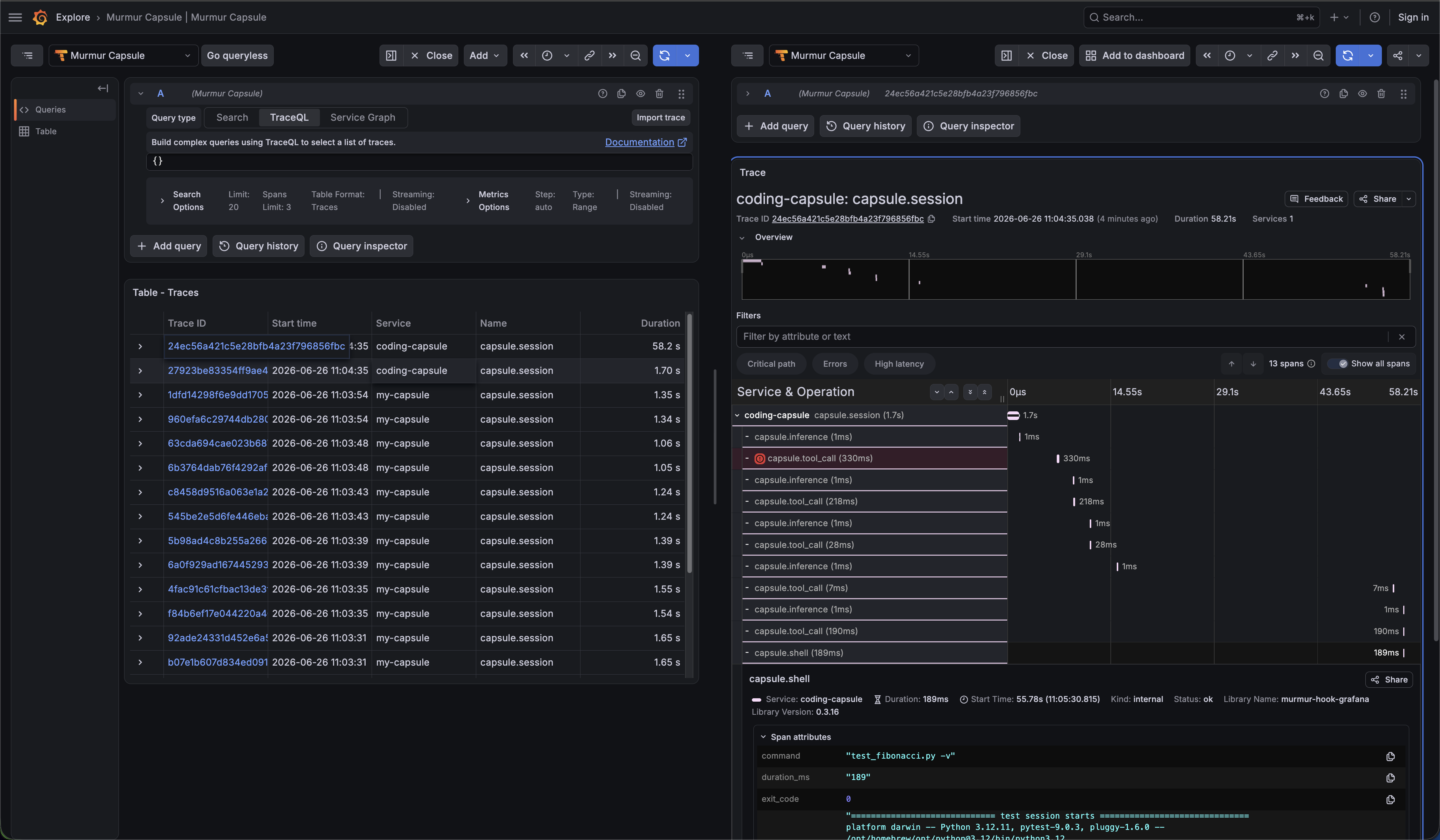 Grafana Explore overview showing coding-capsule session traces in Tempo