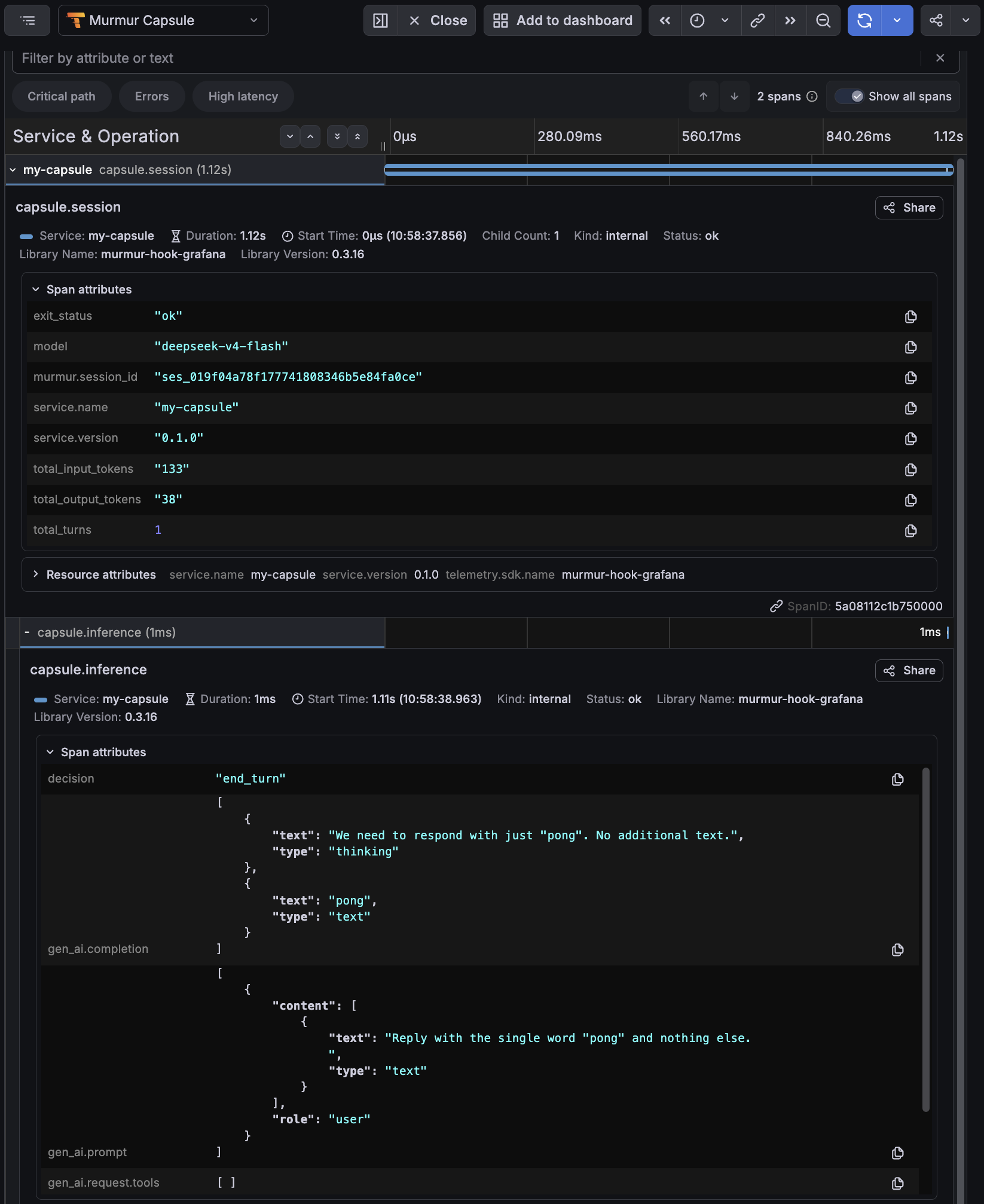 Grafana Explore TraceQL results listing capsule sessions, each row a trace with an ok status